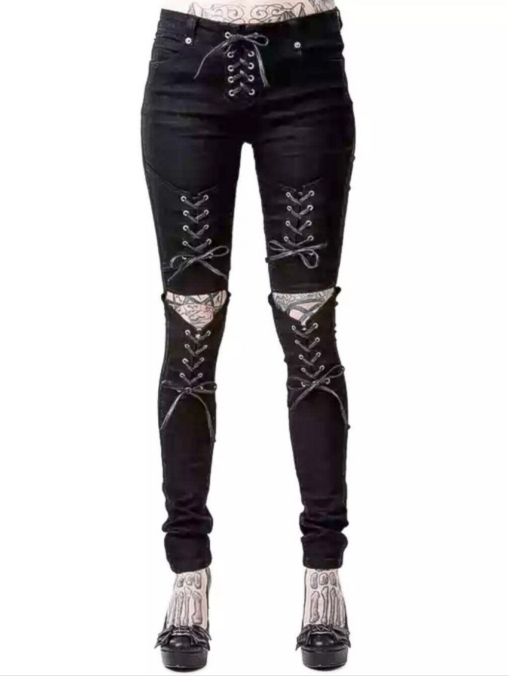 RARE Killstar Phased Out lace-up skinny jeans knee cut out moon embroidered MED